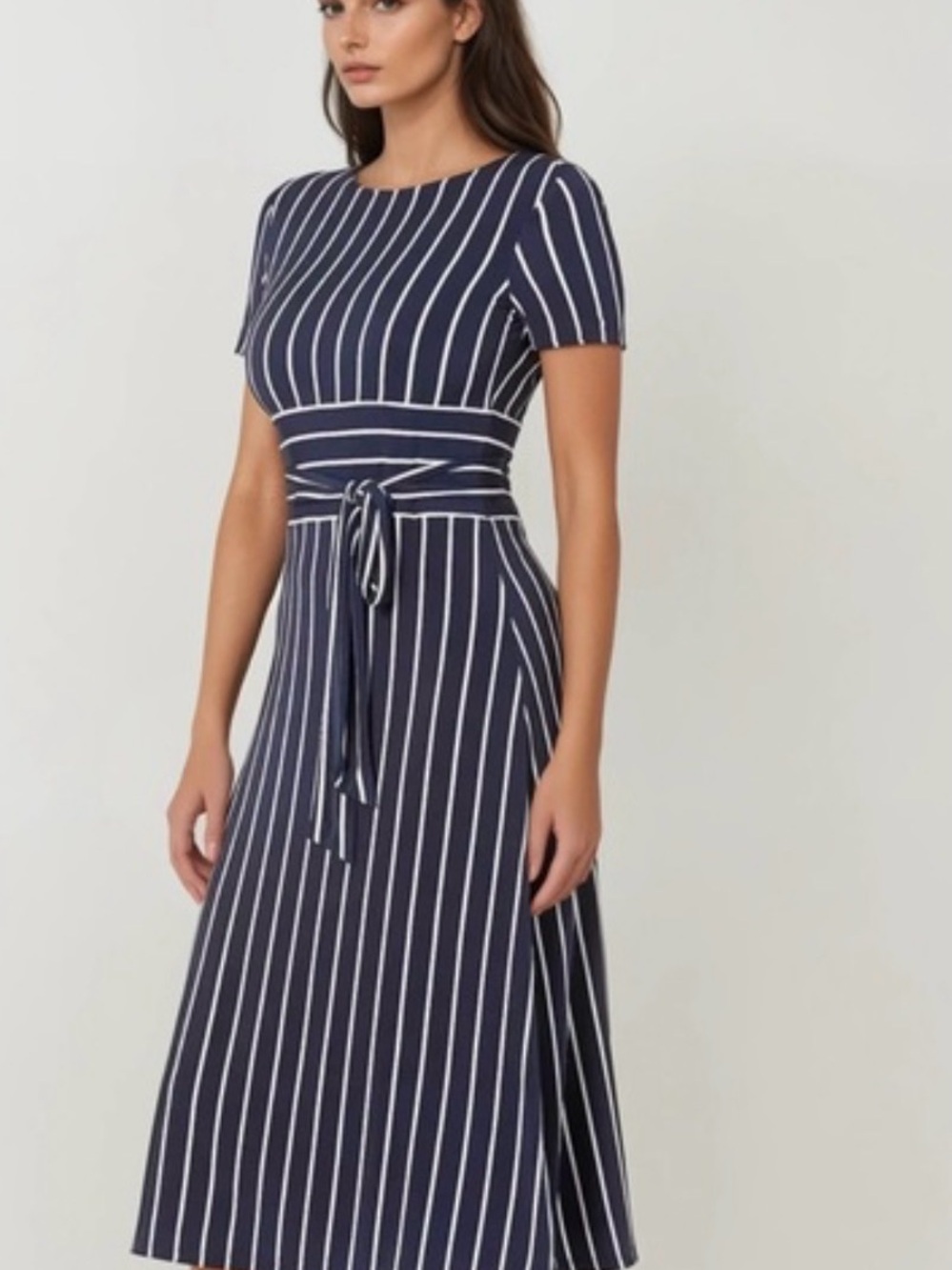 Lauren Ralph Lauren Navy and White Vertical-Stripe Midi Dress with Waist Tie